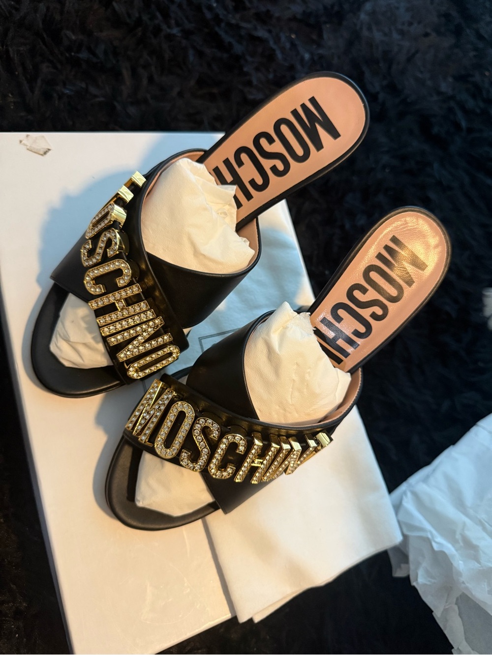 Moschino Black Slide Sandals with Gold Crystal Logo